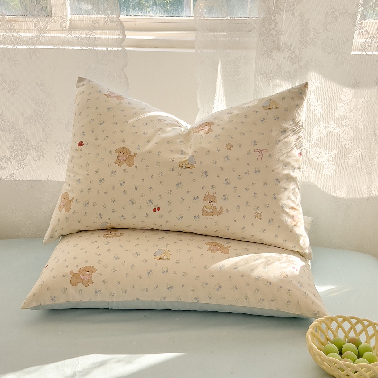 91家纺网 家纺一手货源 找家纺 DoDo 兜兜 2025新款卡通全棉纯棉小清新单品床单系列 （可定做尺寸） 蘑菇小狗