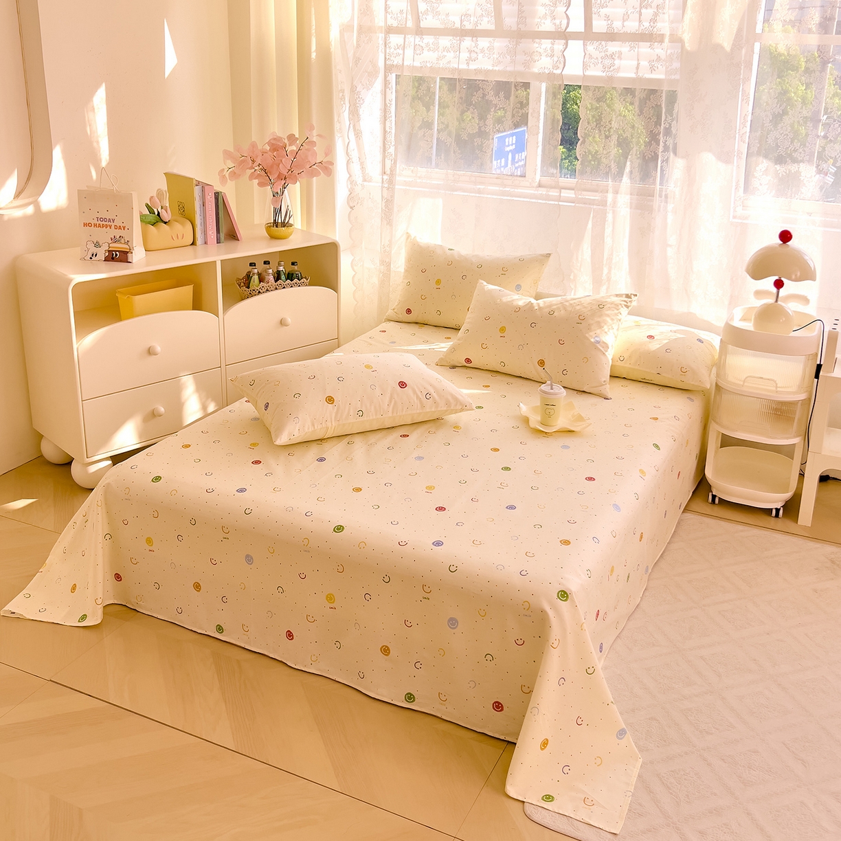 91家纺网 家纺一手货源 找家纺 DoDo 兜兜 2025新款卡通全棉纯棉小清新单品床单系列 （可定做尺寸） 多彩笑脸