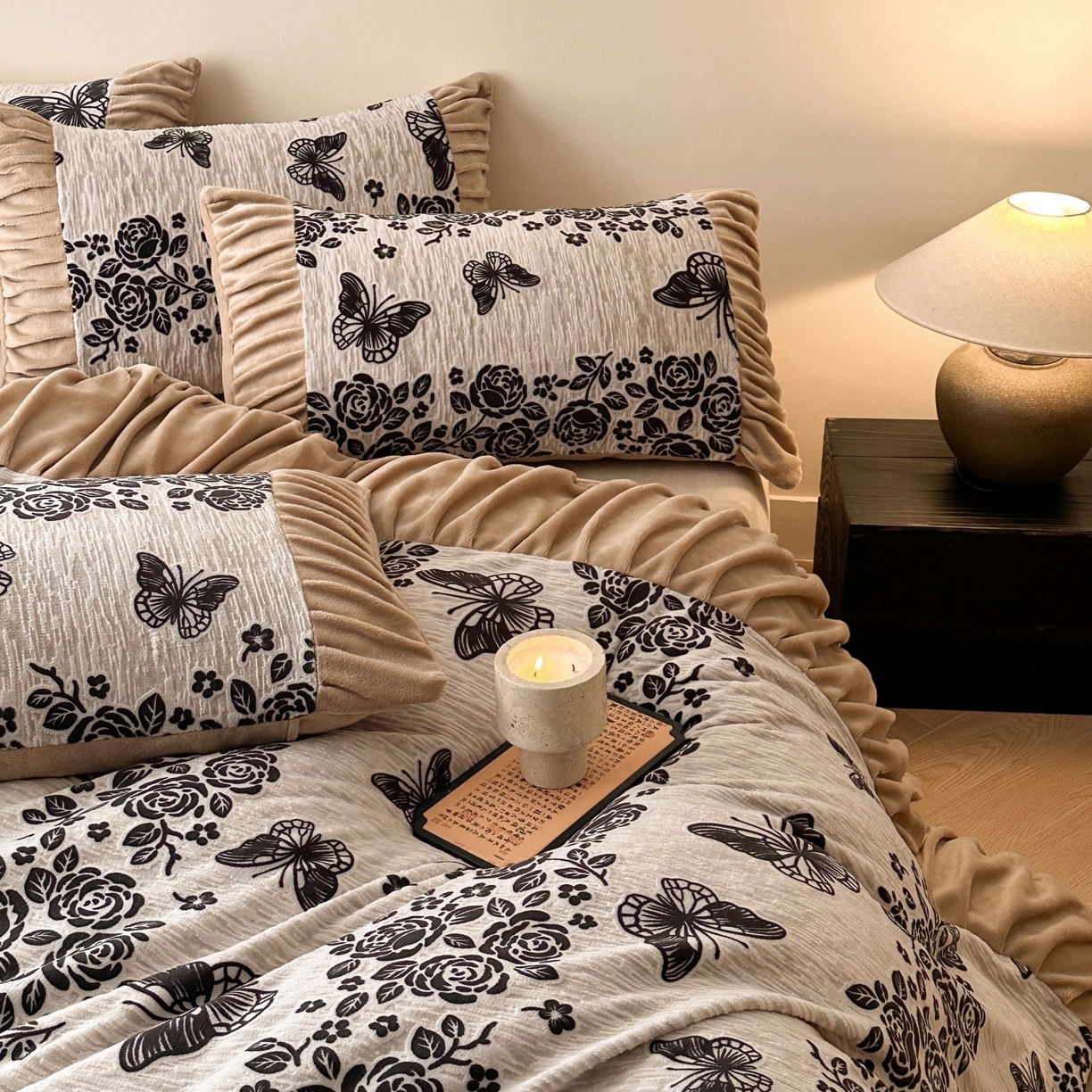 91家纺网 家纺一手货源 找家纺 羚羊语家纺 2025新款浮雕绒轻法式牛奶绒四件套雕花绒复古ins风立体着色烂花牛奶绒提花床单三件套-香榭落叶 香榭落叶-洛丽纱