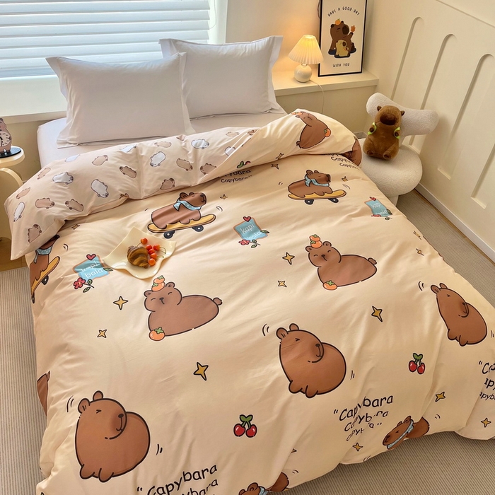 91家纺网 家纺一手货源 找家纺 蘭菲家纺 2025新款全棉小版卡皮巴拉系列单品被套 爱滑板