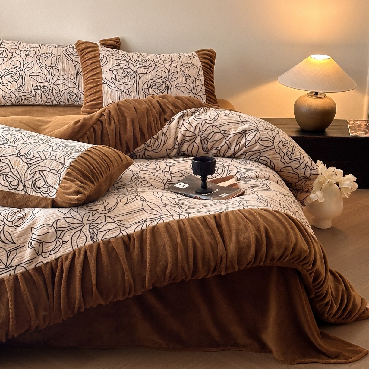 羚羊语家纺 2025新款浮雕绒轻法式牛奶绒四件套雕花绒复古ins风立体着色烂花牛奶绒提花床单三件套-香榭落叶 香榭落叶-塞纳吻