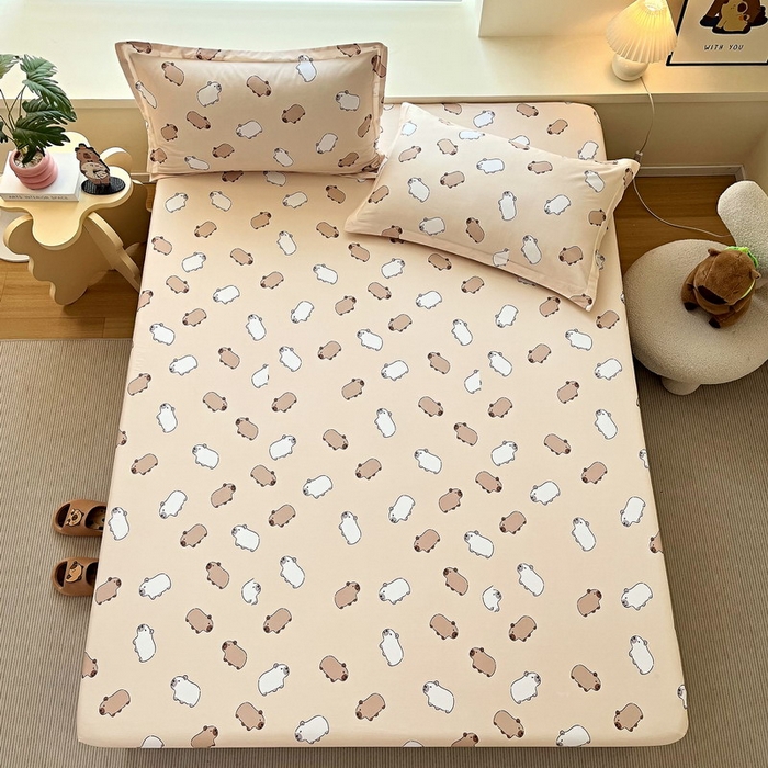 91家纺网 家纺一手货源 找家纺 蘭菲家纺 2025新款全棉小版卡皮巴拉系列单品床笠 小奶豚