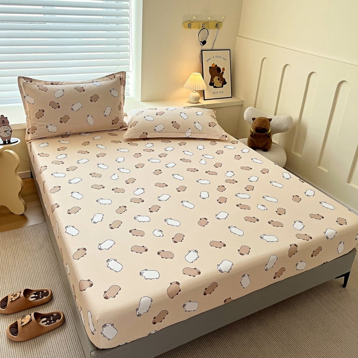 91家纺网 家纺一手货源 找家纺 蘭菲家纺 2025新款全棉小版卡皮巴拉系列单品床笠 小奶豚