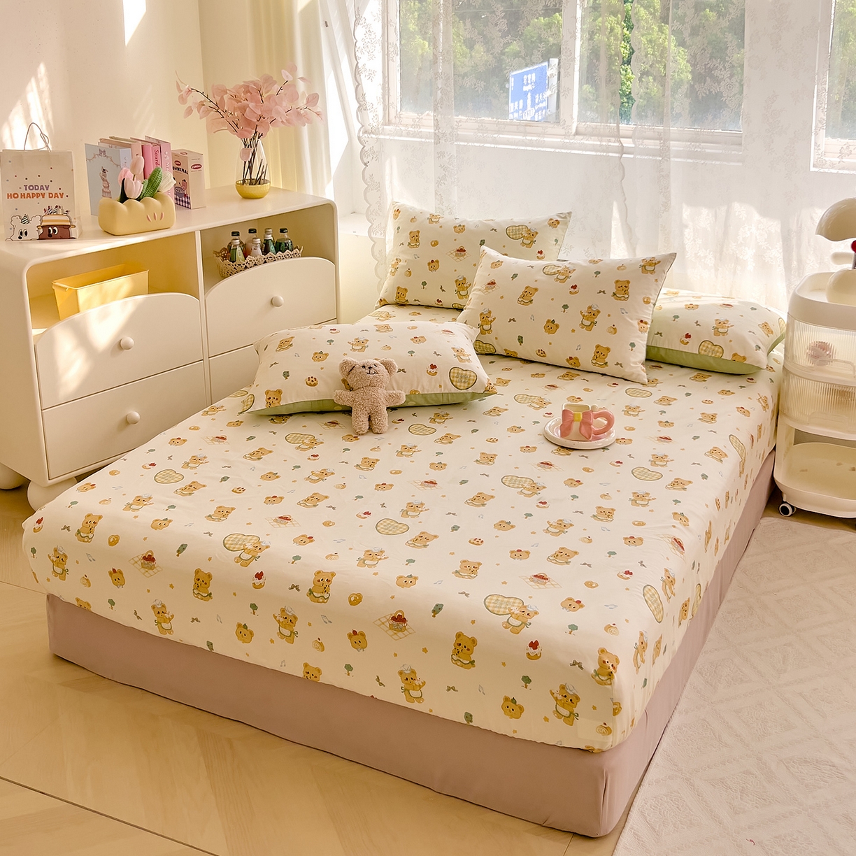 91家纺网 家纺一手货源 找家纺 DoDo 兜兜 2026新款卡通全棉纯棉小清新单品床笠系列 （可定做尺寸） 围裙小熊