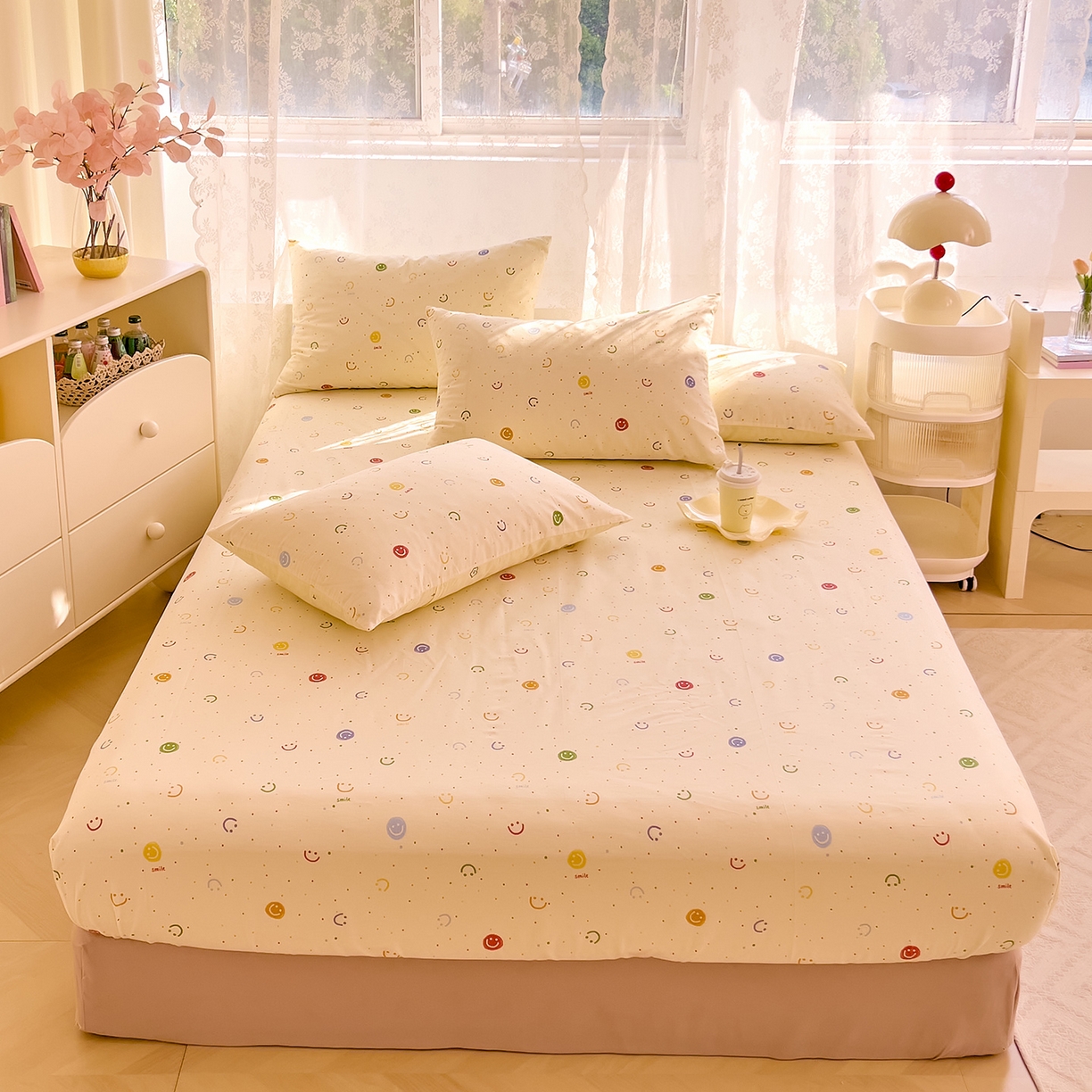 91家纺网 家纺一手货源 找家纺 DoDo 兜兜 2026新款卡通全棉纯棉小清新单品床笠系列 （可定做尺寸） 多彩笑脸