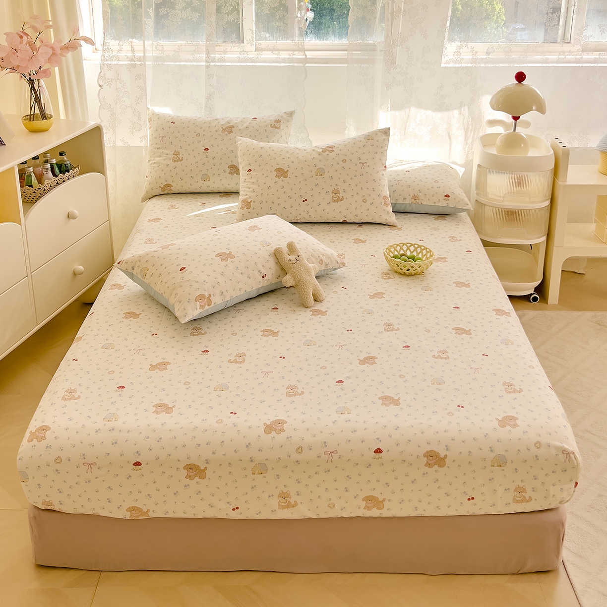 91家纺网 家纺一手货源 找家纺 DoDo 兜兜 2026新款卡通全棉纯棉小清新单品床笠系列 （可定做尺寸） 蘑菇小狗