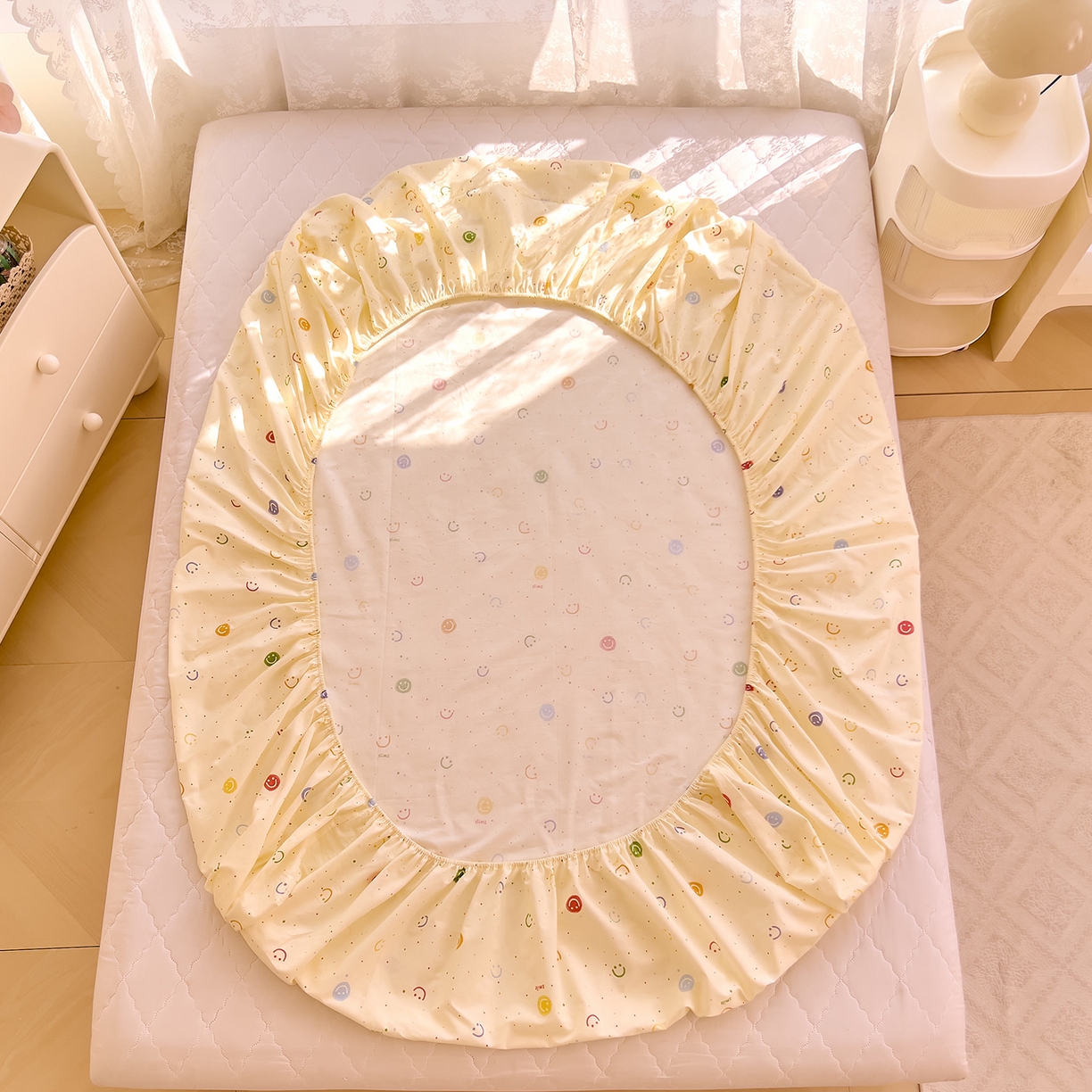 91家纺网 家纺一手货源 找家纺 DoDo 兜兜 2026新款卡通全棉纯棉小清新单品床笠系列 （可定做尺寸） 多彩笑脸