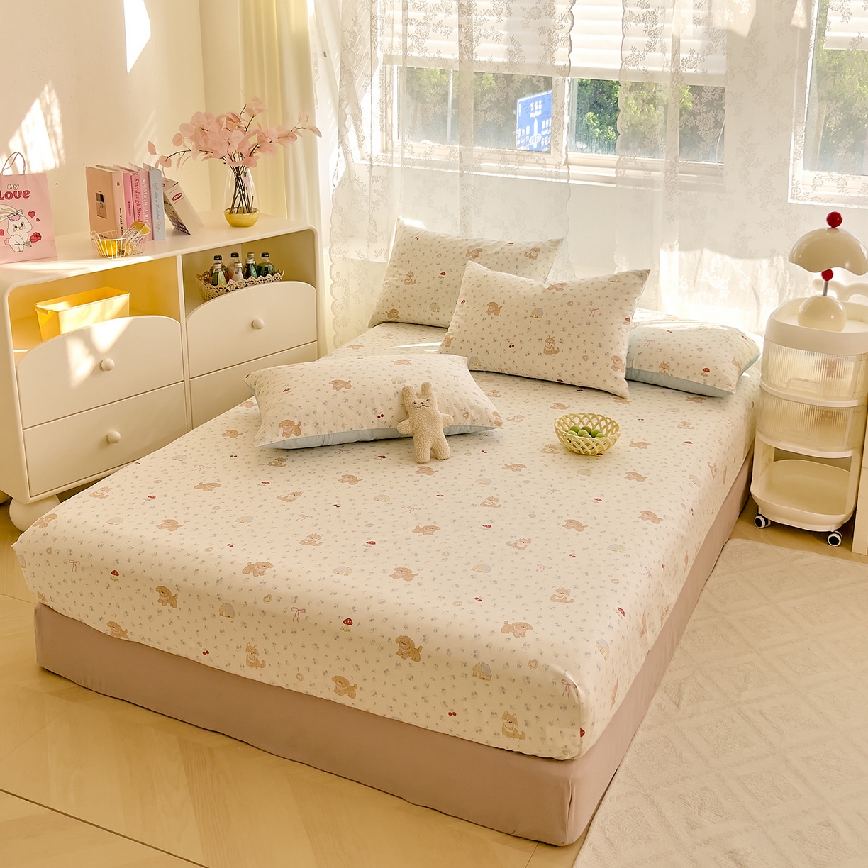 91家纺网 家纺一手货源 找家纺 DoDo 兜兜 2026新款卡通全棉纯棉小清新单品床笠系列 （可定做尺寸） 蘑菇小狗