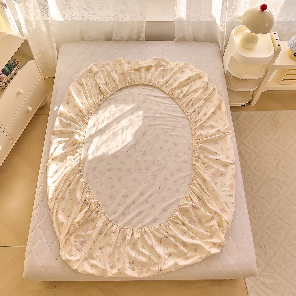 91家纺网 家纺一手货源 找家纺 DoDo 兜兜 2026新款卡通全棉纯棉小清新单品床笠系列 （可定做尺寸） 萝莉兔