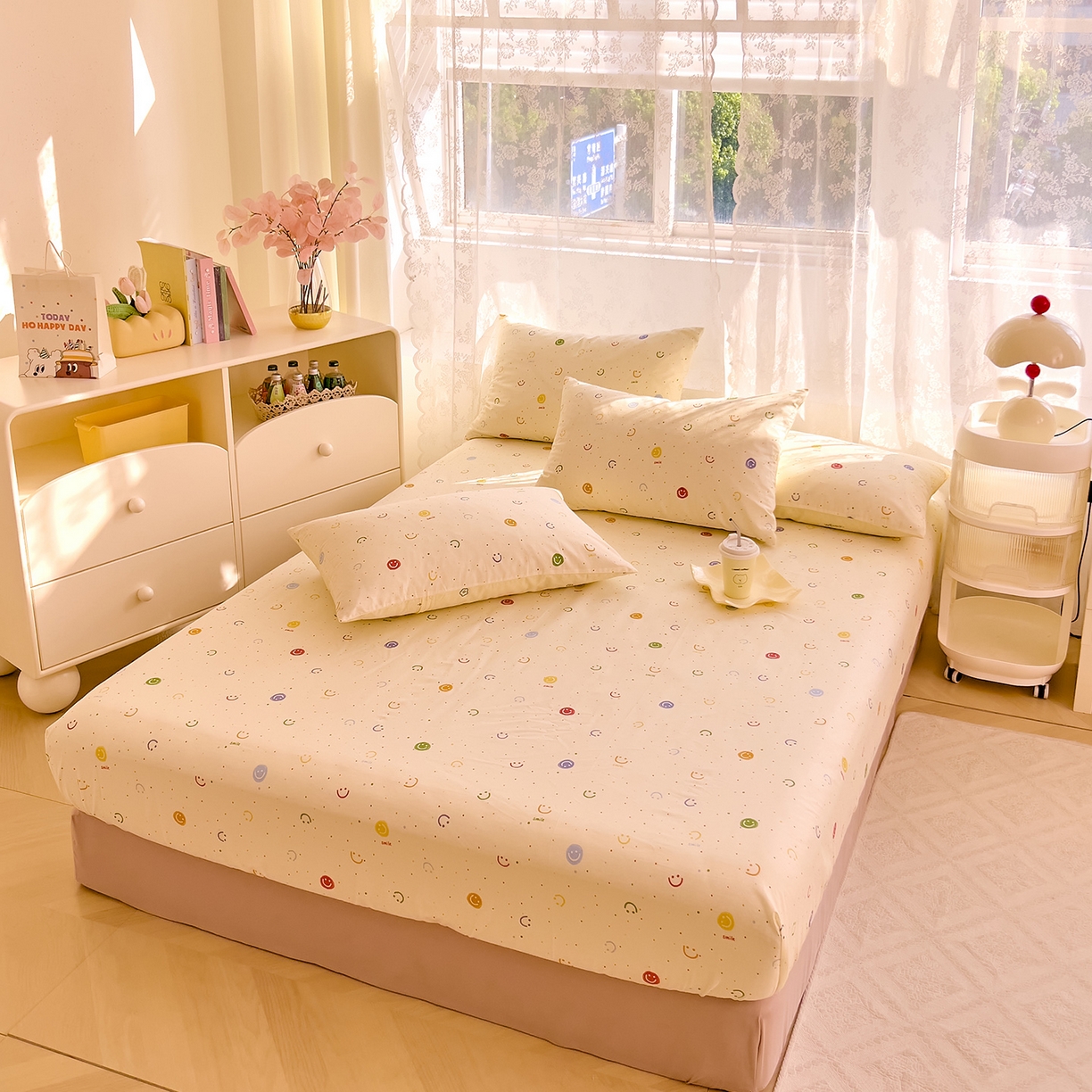 91家纺网 家纺一手货源 找家纺 DoDo 兜兜 2026新款卡通全棉纯棉小清新单品床笠系列 （可定做尺寸） 多彩笑脸