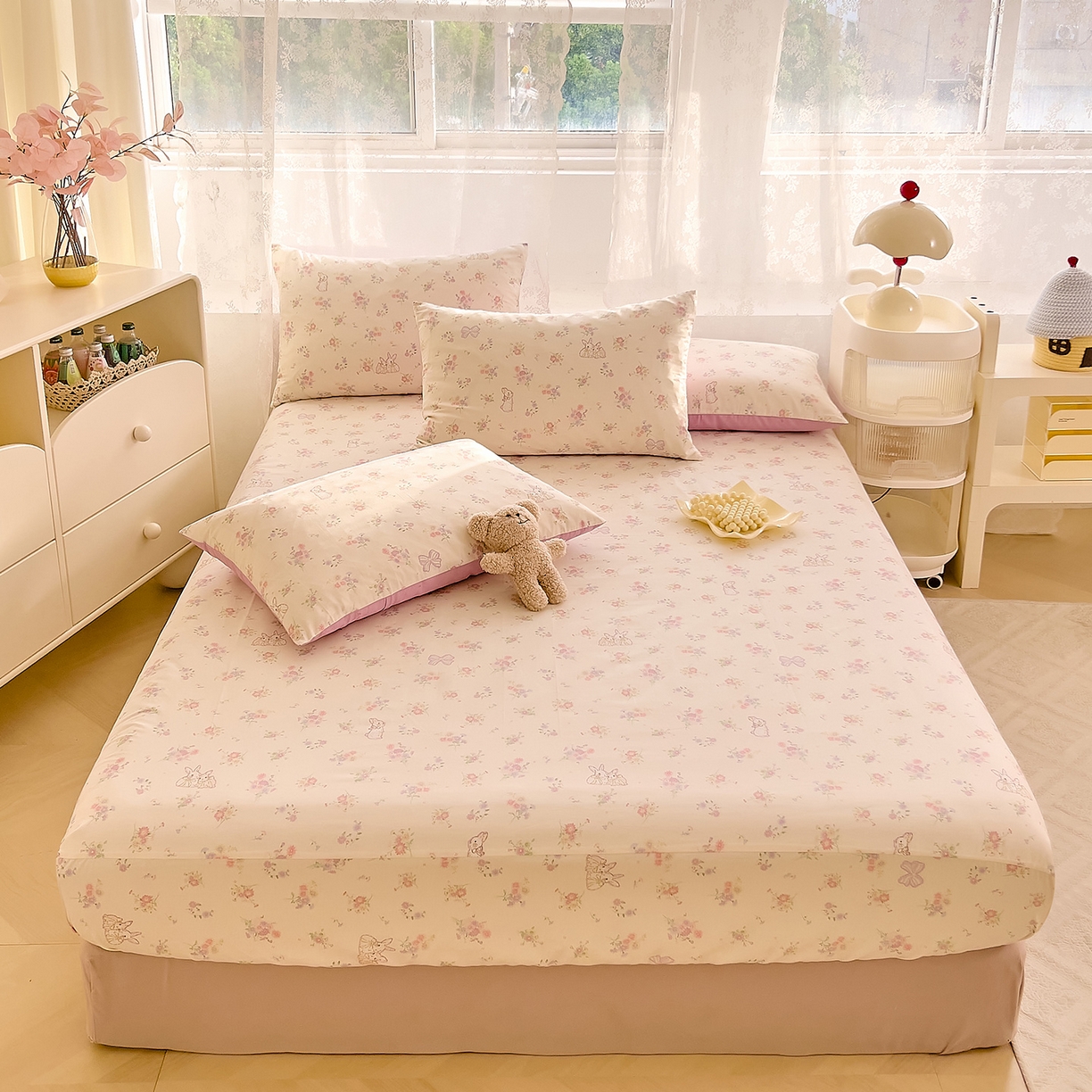 91家纺网 家纺一手货源 找家纺 DoDo 兜兜 2026新款卡通全棉纯棉小清新单品床笠系列 （可定做尺寸） 萝莉兔