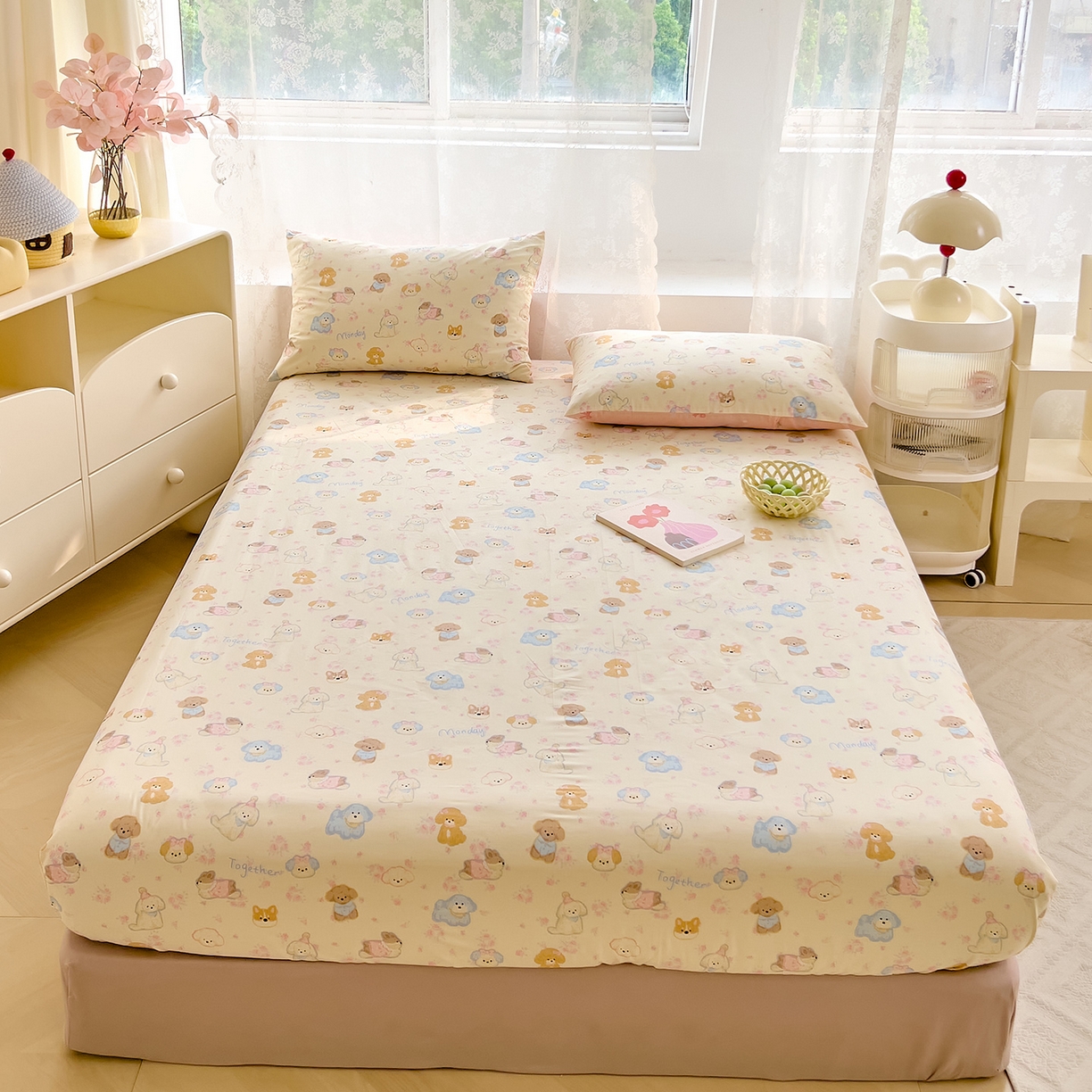 91家纺网 家纺一手货源 找家纺 DoDo 兜兜 2026新款卡通全棉纯棉小清新单品床笠系列 （可定做尺寸） 狗狗家族