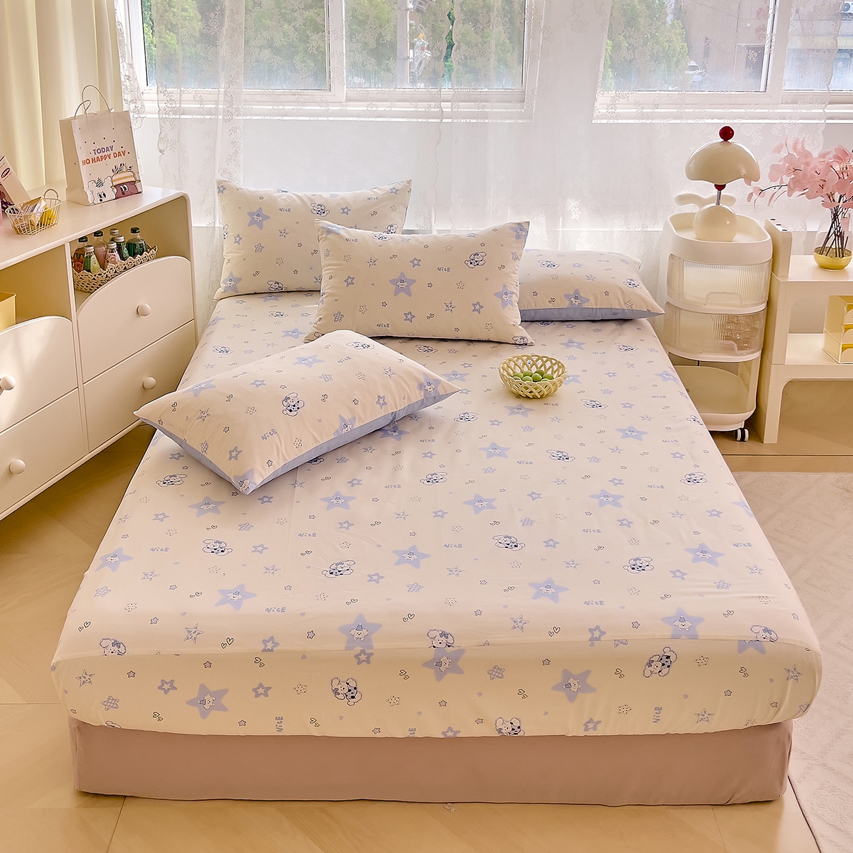 91家纺网 家纺一手货源 找家纺 DoDo 兜兜 2026新款卡通全棉纯棉小清新单品床笠系列 （可定做尺寸） 星星仔