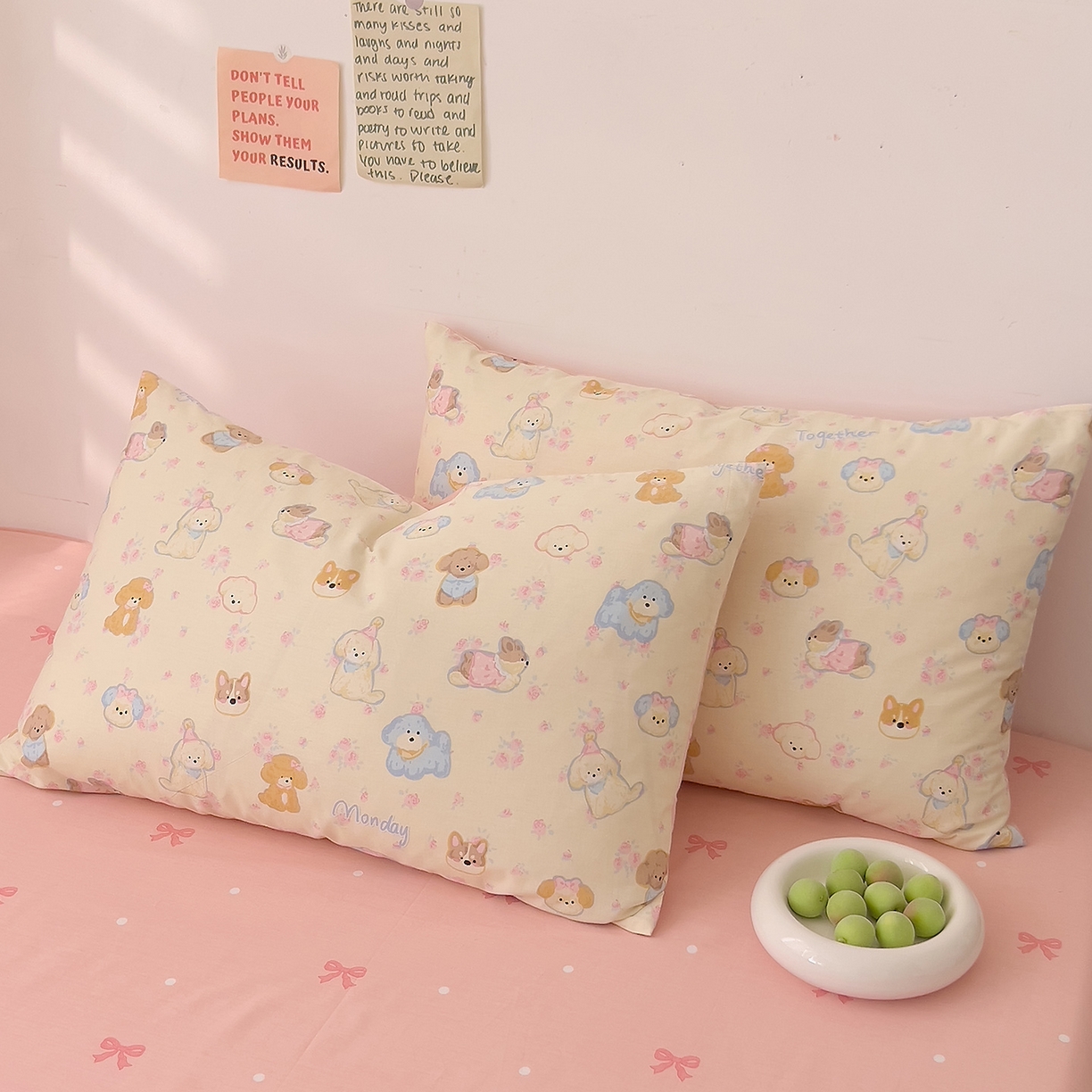 91家纺网 家纺一手货源 找家纺 DoDo 兜兜 2026新款卡通全棉纯棉小清新单品床笠系列 （可定做尺寸） 狗狗家族