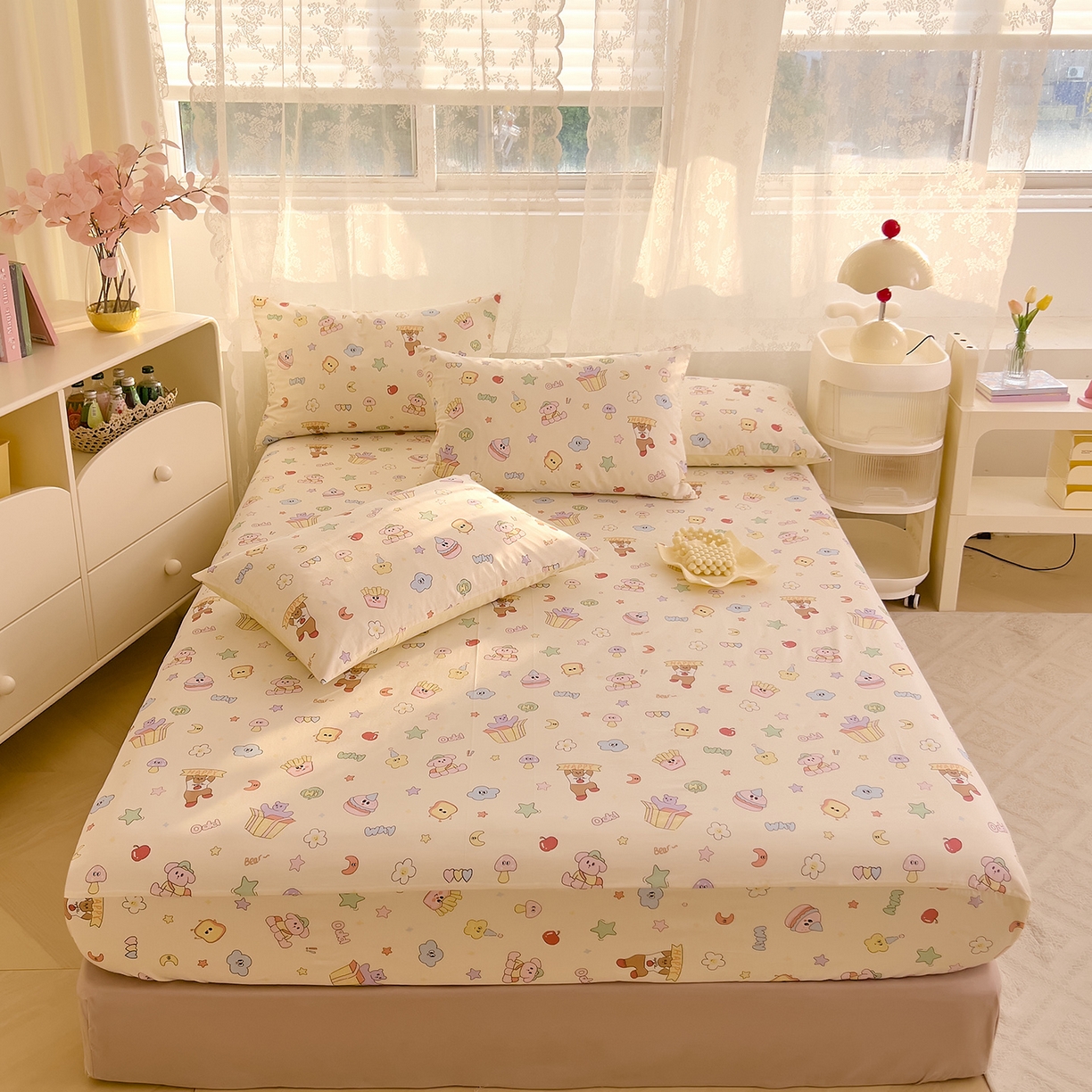91家纺网 家纺一手货源 找家纺 DoDo 兜兜 2026新款卡通全棉纯棉小清新单品床笠系列 （可定做尺寸） 爱豆熊