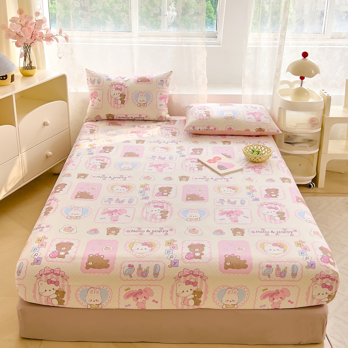 91家纺网 家纺一手货源 找家纺 DoDo 兜兜 2026新款卡通全棉纯棉小清新单品床笠系列 （可定做尺寸） 粉粉猫