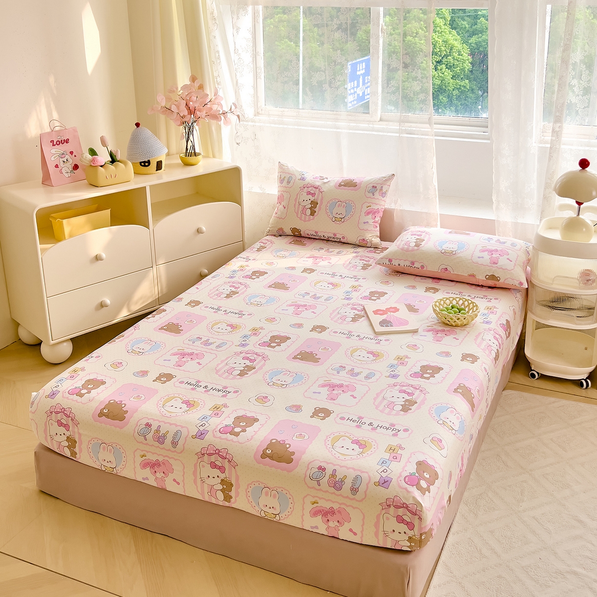 91家纺网 家纺一手货源 找家纺 DoDo 兜兜 2026新款卡通全棉纯棉小清新单品床笠系列 （可定做尺寸） 粉粉猫