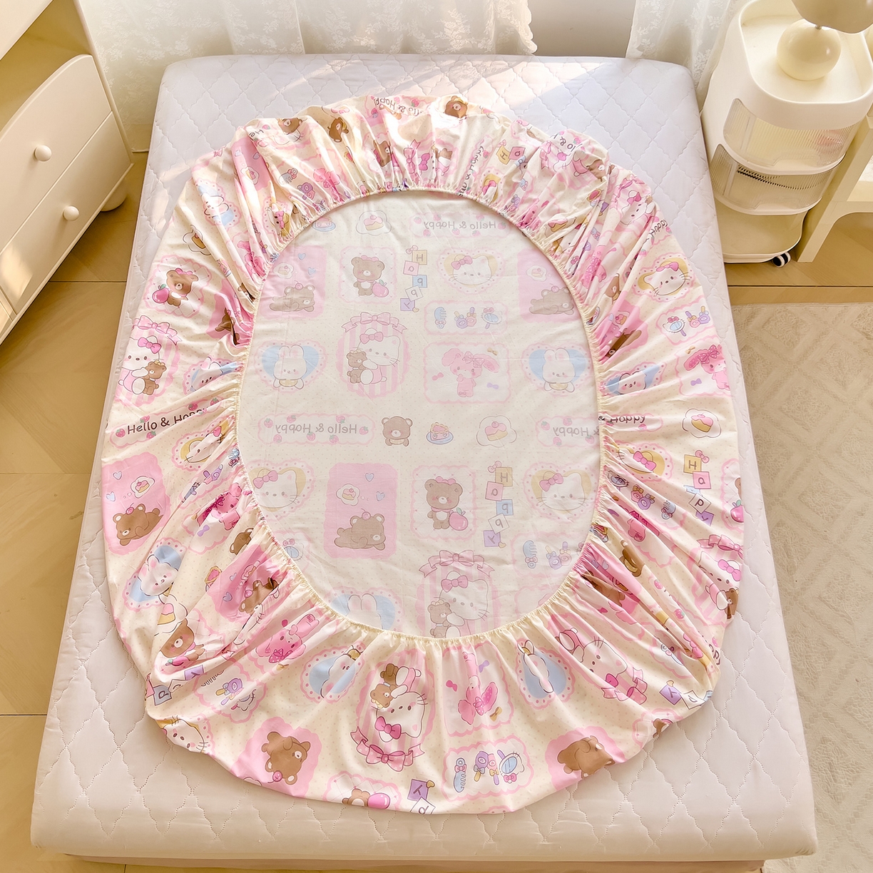 91家纺网 家纺一手货源 找家纺 DoDo 兜兜 2026新款卡通全棉纯棉小清新单品床笠系列 （可定做尺寸） 粉粉猫