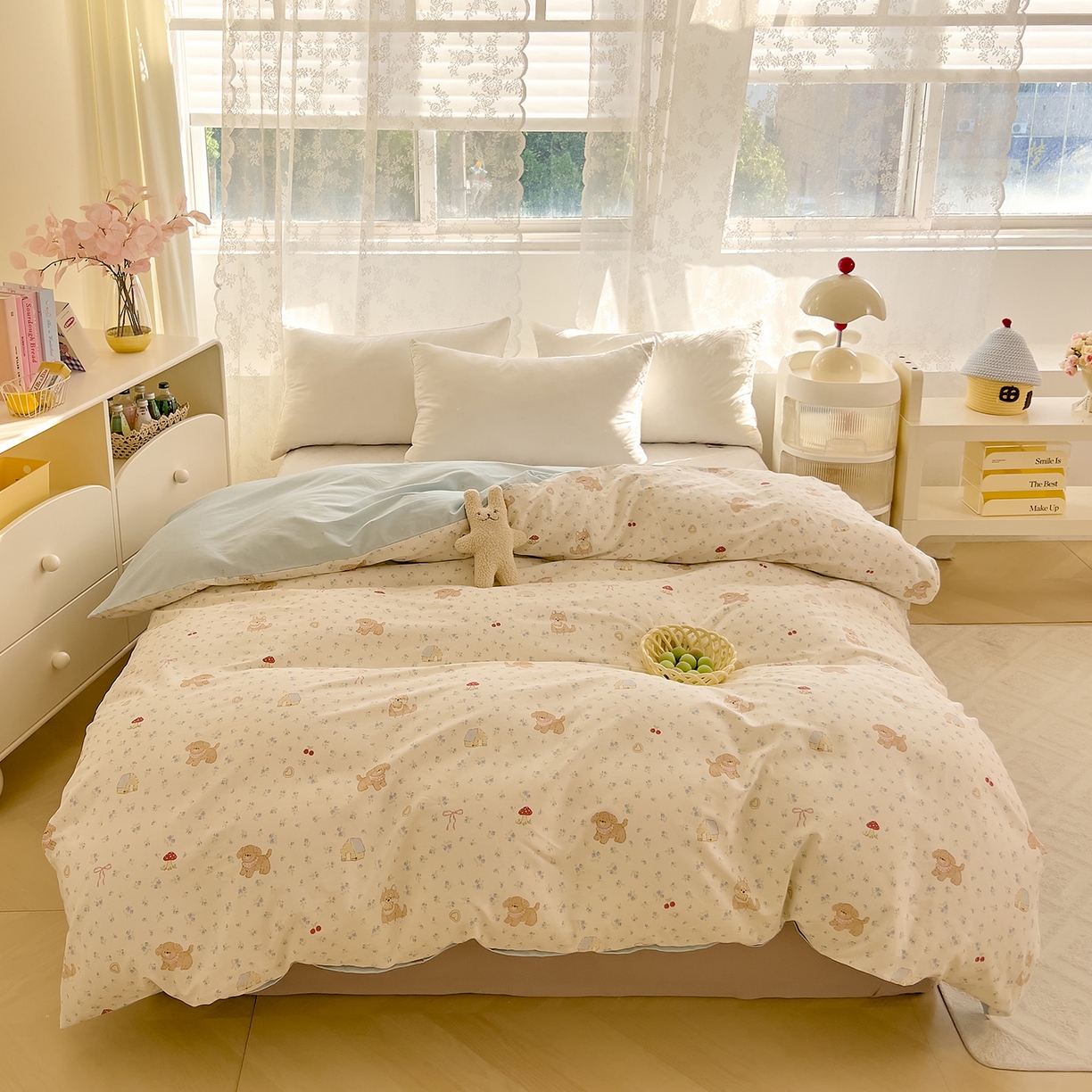 91家纺网 家纺一手货源 找家纺 DoDo 兜兜 2025新款卡通全棉纯棉小清新单品被套系列 （可定做尺寸） 蘑菇小狗