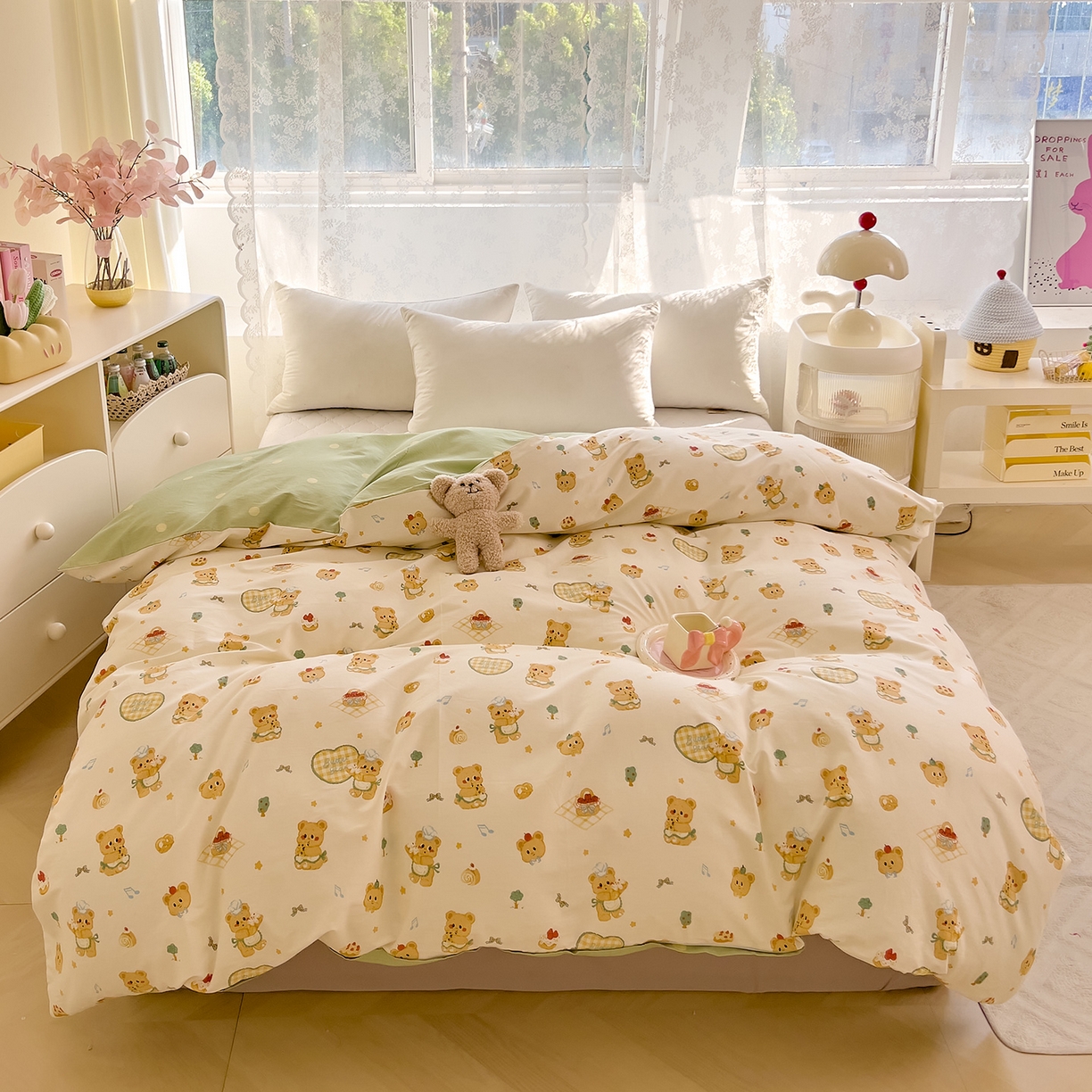 91家纺网 家纺一手货源 找家纺 DoDo 兜兜 2025新款卡通全棉纯棉小清新单品被套系列 （可定做尺寸） 围裙小熊