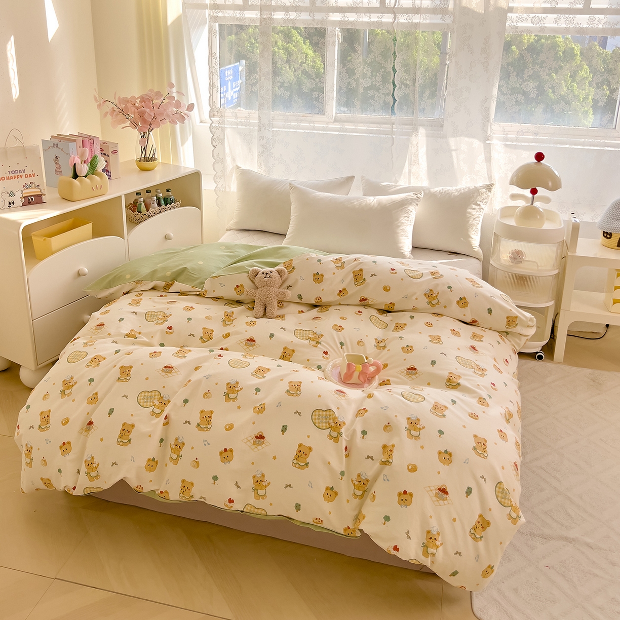 91家纺网 家纺一手货源 找家纺 DoDo 兜兜 2025新款卡通全棉纯棉小清新单品被套系列 （可定做尺寸） 围裙小熊