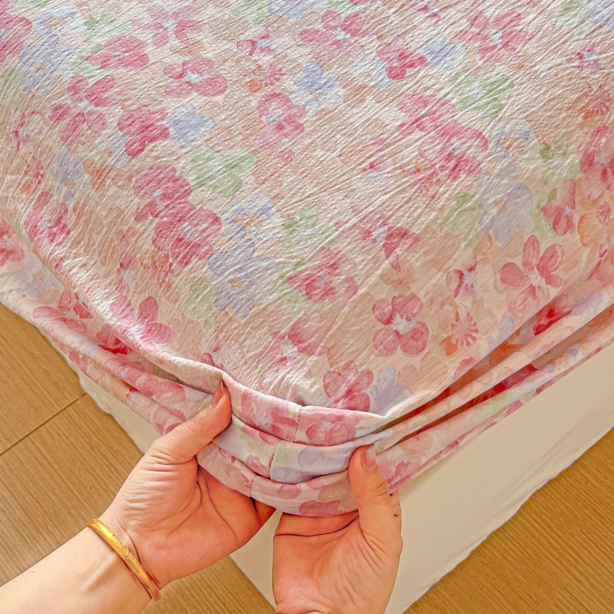 91家纺网 家纺一手货源 找家纺 Mata蔓塔家 2025新款双层纱印花系列单床笠床笠单件 十里桃花