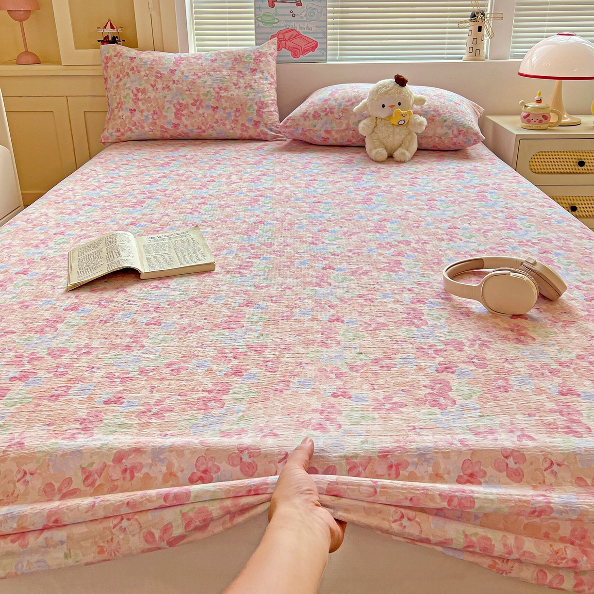 91家纺网 家纺一手货源 找家纺 Mata蔓塔家 2025新款双层纱印花系列单床笠床笠单件 十里桃花