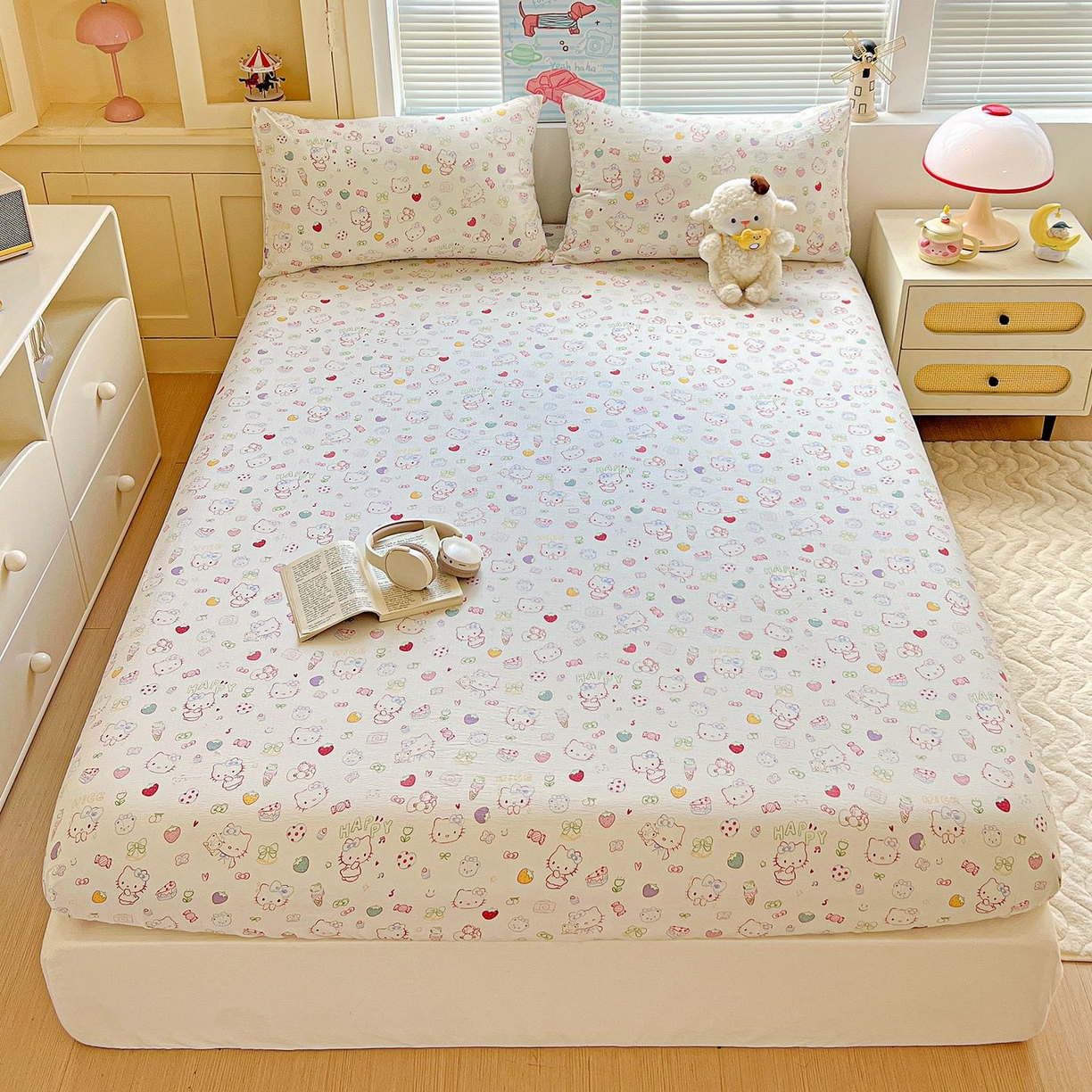 91家纺网 家纺一手货源 找家纺 Mata蔓塔家 2025新款双层纱印花系列单床笠床笠单件 甜品猫星球