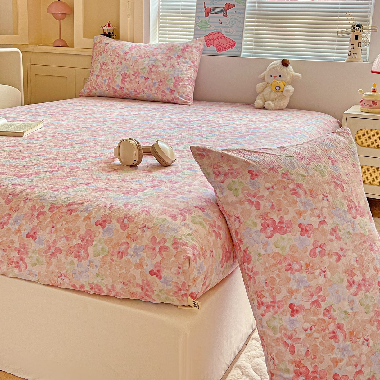 91家纺网 家纺一手货源 找家纺 Mata蔓塔家 2025新款双层纱印花系列单床笠床笠单件 十里桃花