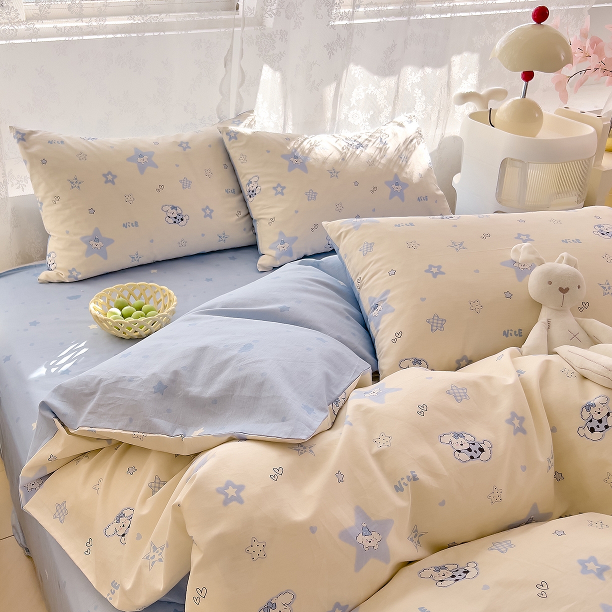 91家纺网 家纺一手货源 找家纺 （总）DoDo 兜兜 2025新款卡通全棉纯棉小清新三四件套系列 （可定做尺寸）,星星仔,爱豆熊,豹纹小熊,多彩笑脸,粉粉猫,狗狗家族,假日小狗,萝莉兔,蘑菇小狗,围裙小熊,小狗笔记