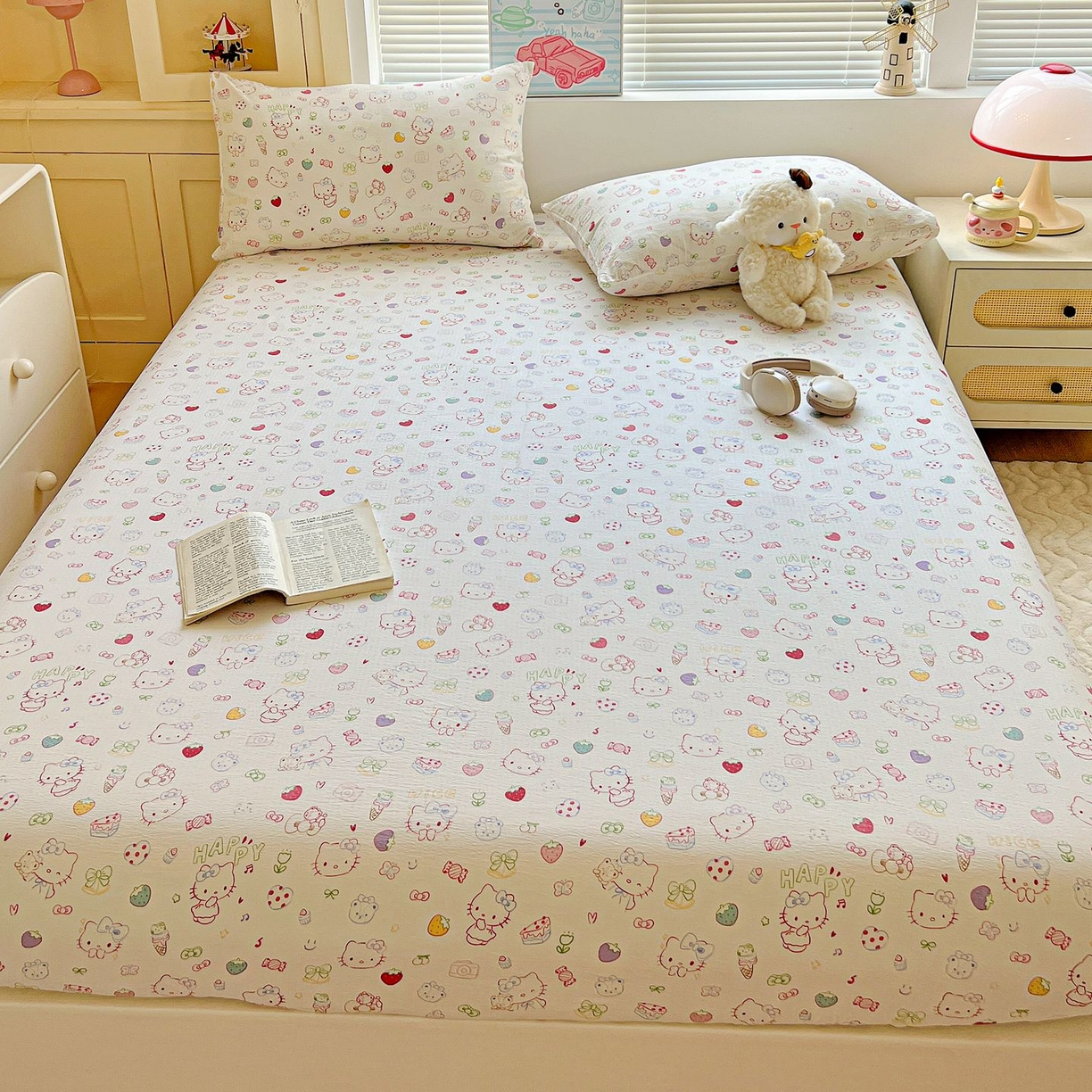 91家纺网 家纺一手货源 找家纺 Mata蔓塔家 2025新款双层纱印花系列单床笠床笠单件 甜品猫星球