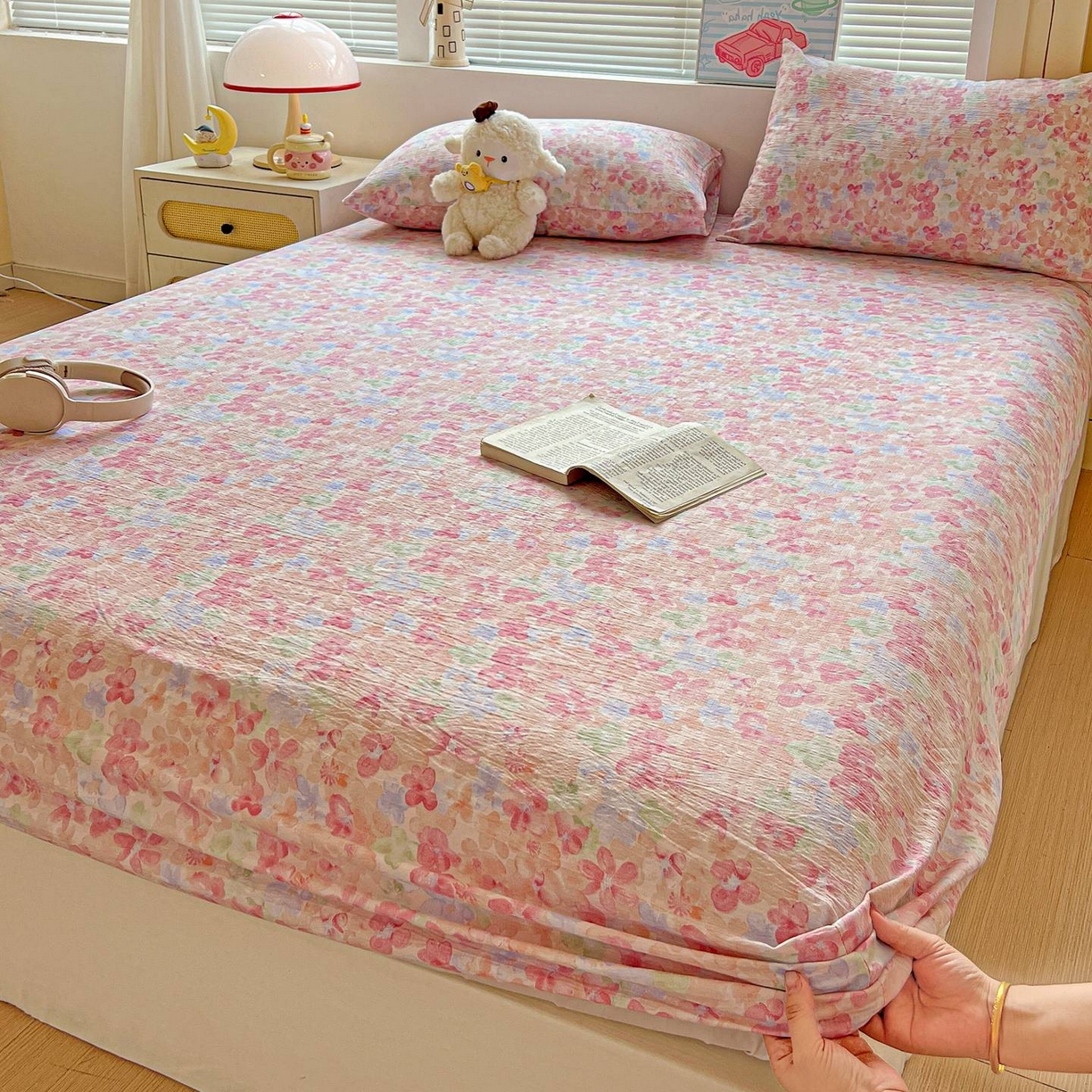 91家纺网 家纺一手货源 找家纺 Mata蔓塔家 2025新款双层纱印花系列单床笠床笠单件 十里桃花