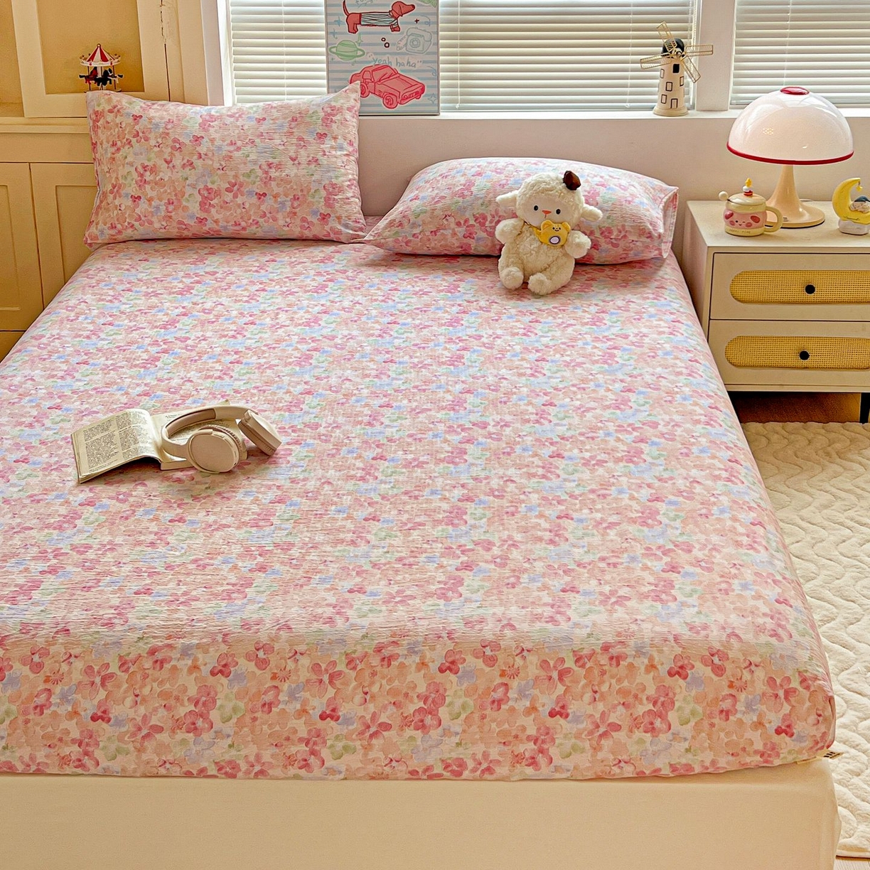 91家纺网 家纺一手货源 找家纺 Mata蔓塔家 2025新款双层纱印花系列单床笠床笠单件 十里桃花