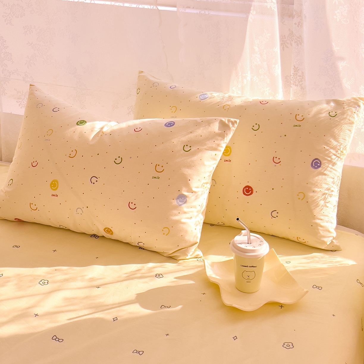 91家纺网 家纺一手货源 找家纺 DoDo 兜兜 2026新款卡通全棉纯棉小清新三四件套系列 （可定做尺寸） 多彩笑脸