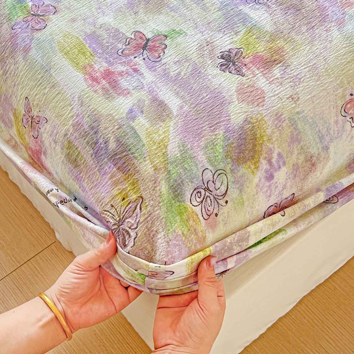 91家纺网 家纺一手货源 找家纺 Mata蔓塔家 2025新款双层纱印花系列单床笠床笠单件 油彩蝴蝶