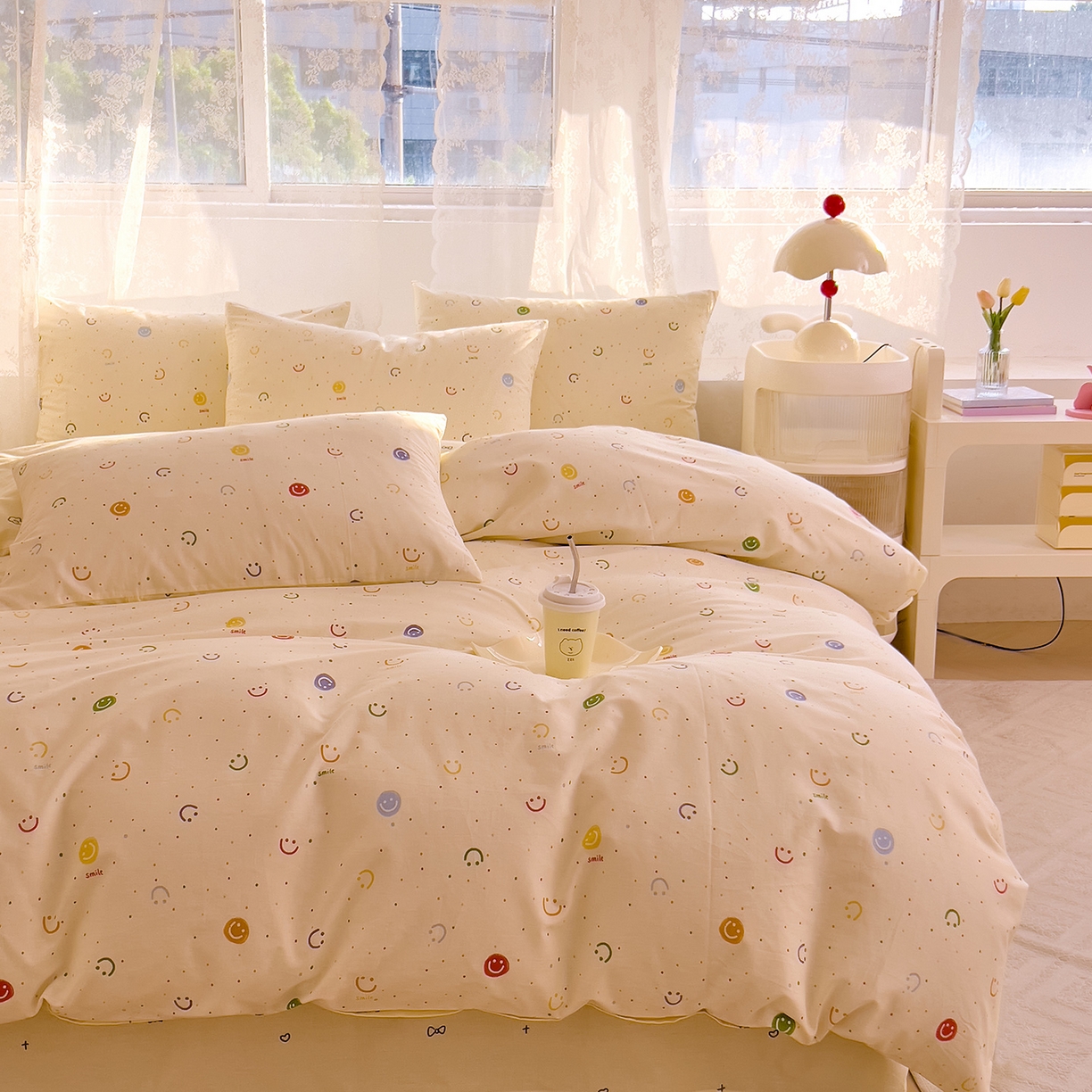 91家纺网 家纺一手货源 找家纺 DoDo 兜兜 2026新款卡通全棉纯棉小清新三四件套系列 （可定做尺寸） 多彩笑脸