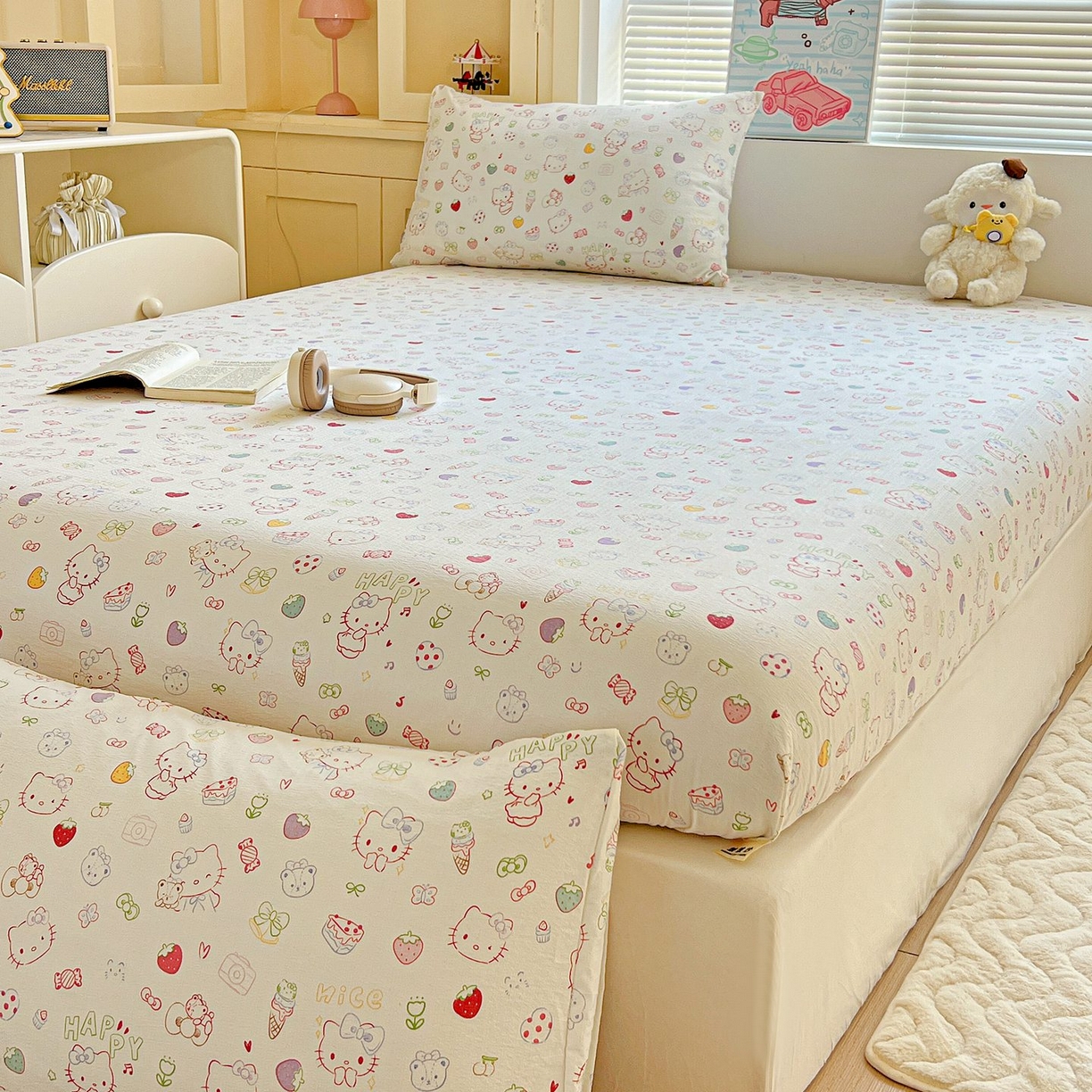 91家纺网 家纺一手货源 找家纺 Mata蔓塔家 2025新款双层纱印花系列单床笠床笠单件 甜品猫星球