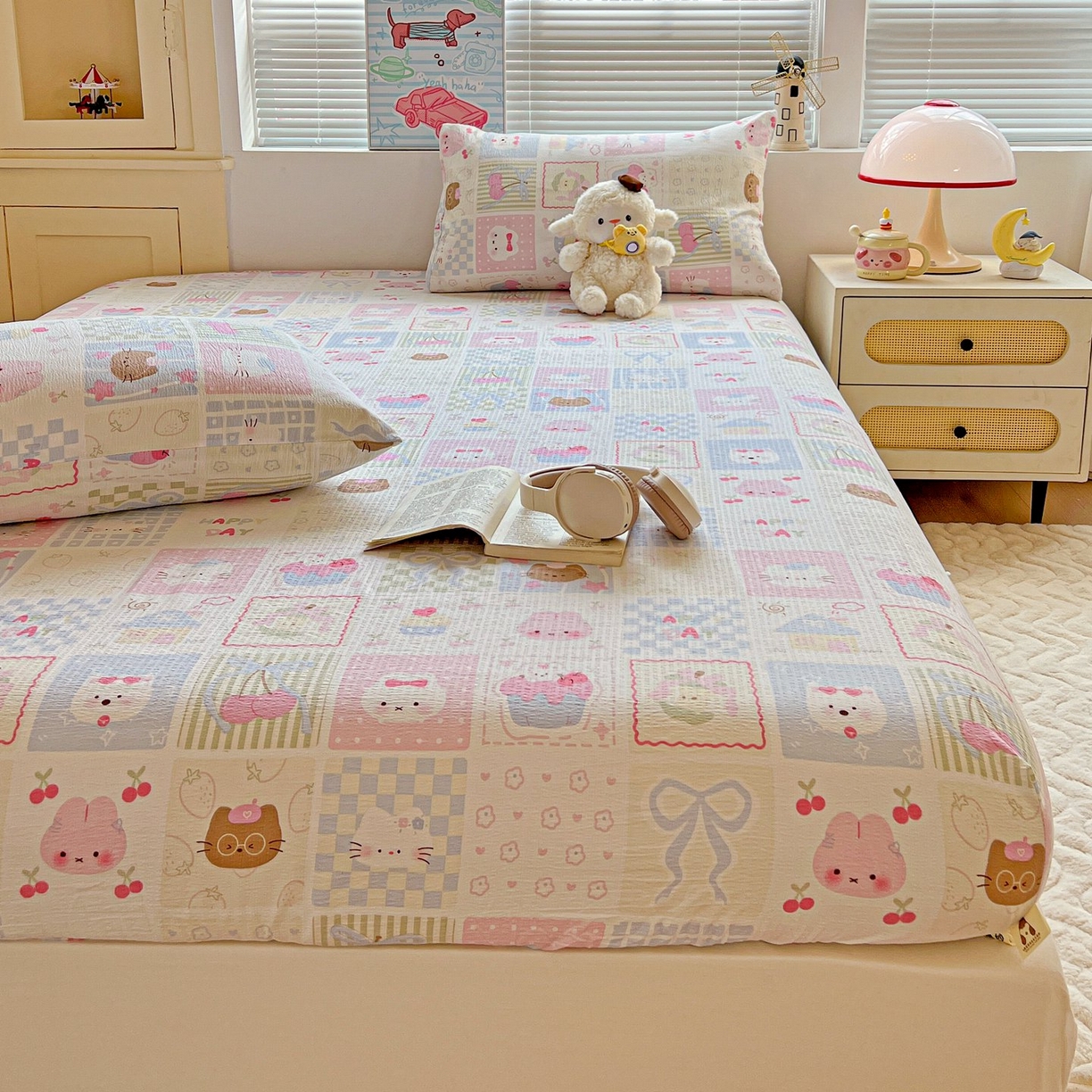 91家纺网 家纺一手货源 找家纺 Mata蔓塔家 2025新款双层纱印花系列单床笠床笠单件 奶油块块