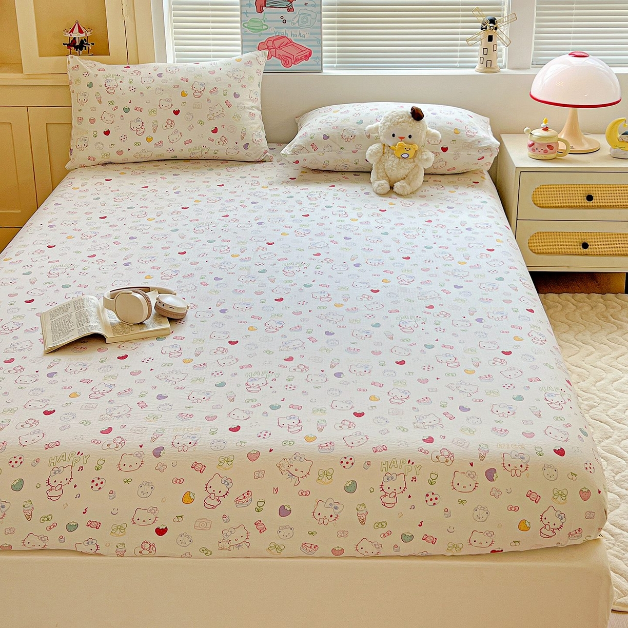 91家纺网 家纺一手货源 找家纺 Mata蔓塔家 2025新款双层纱印花系列单床笠床笠单件 甜品猫星球