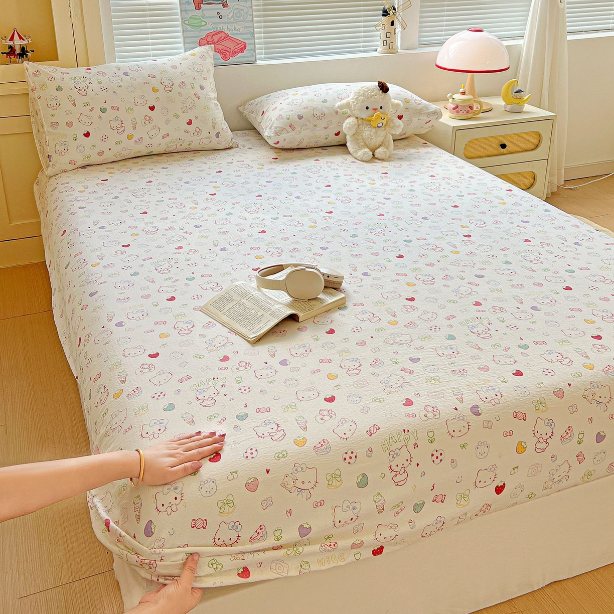 91家纺网 家纺一手货源 找家纺 Mata蔓塔家 2025新款双层纱印花系列单床笠床笠单件 甜品猫星球