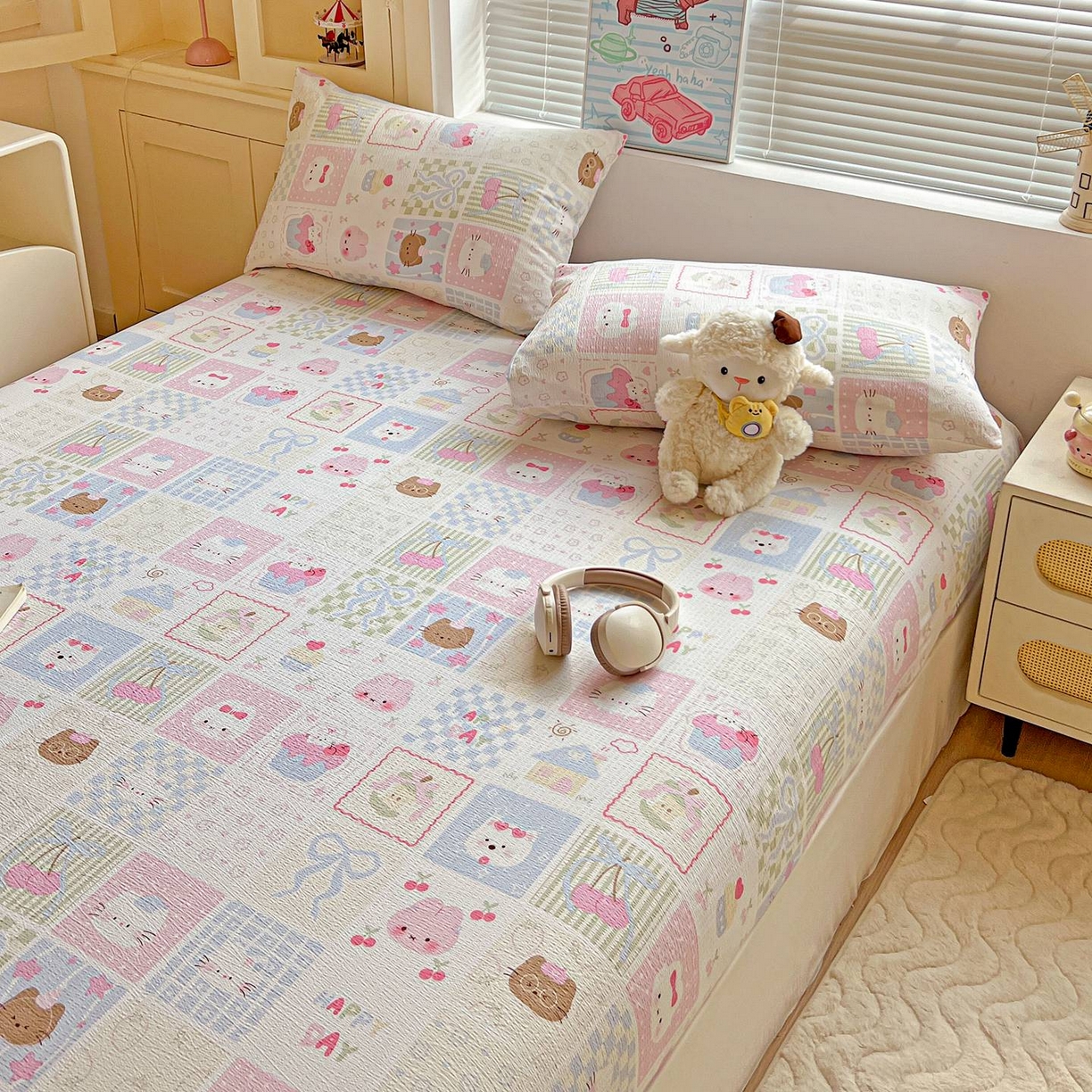 91家纺网 家纺一手货源 找家纺 Mata蔓塔家 2025新款双层纱印花系列单床笠床笠单件 奶油块块