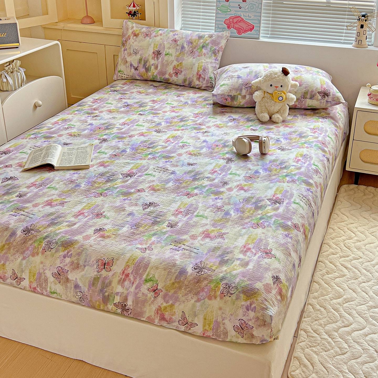 91家纺网 家纺一手货源 找家纺 Mata蔓塔家 2025新款双层纱印花系列单床笠床笠单件 油彩蝴蝶