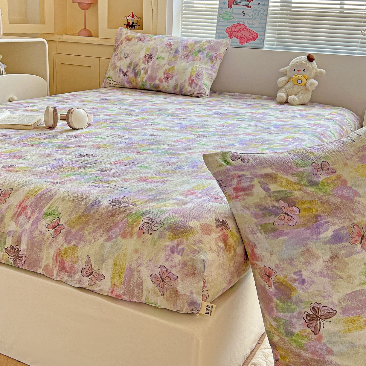 91家纺网 家纺一手货源 找家纺 Mata蔓塔家 2025新款双层纱印花系列单床笠床笠单件 油彩蝴蝶