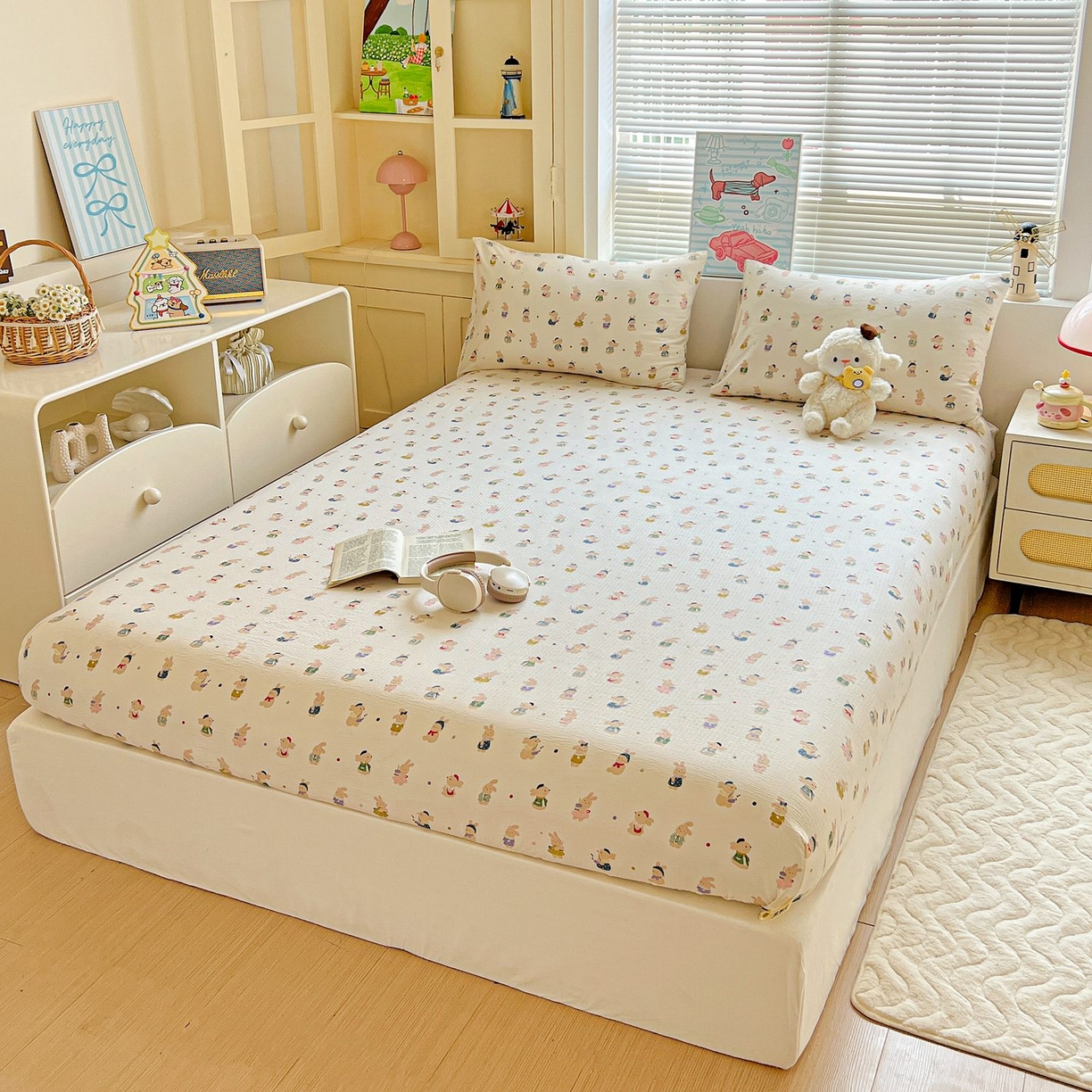 91家纺网 家纺一手货源 找家纺 Mata蔓塔家 2025新款双层纱印花系列单床笠床笠单件 兔子集合