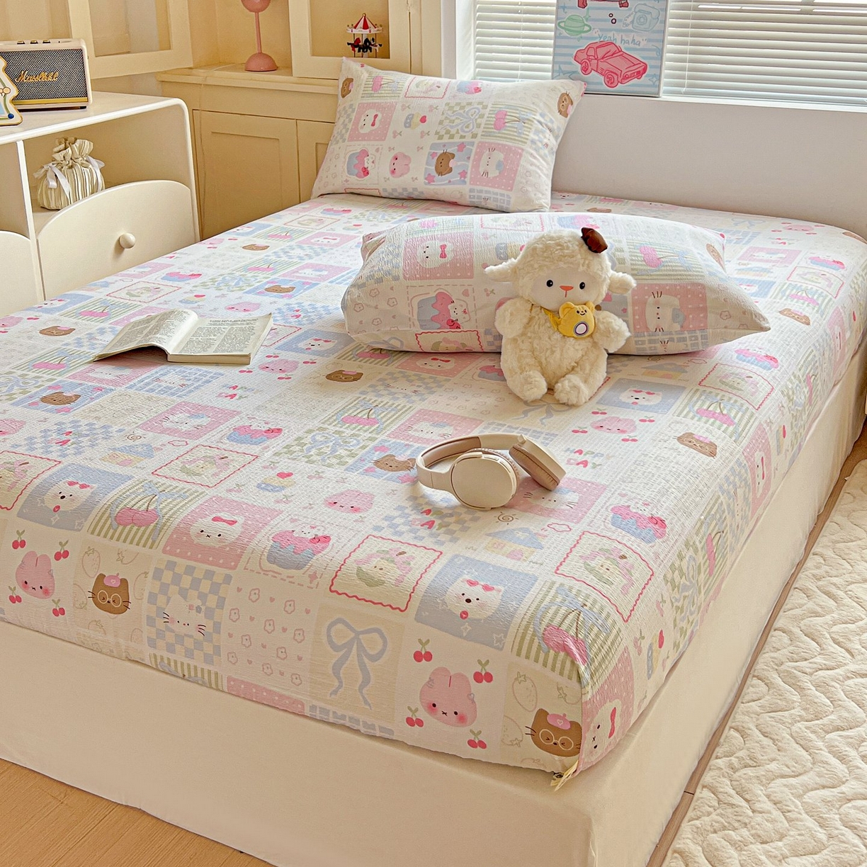 91家纺网 家纺一手货源 找家纺 Mata蔓塔家 2025新款双层纱印花系列单床笠床笠单件 奶油块块