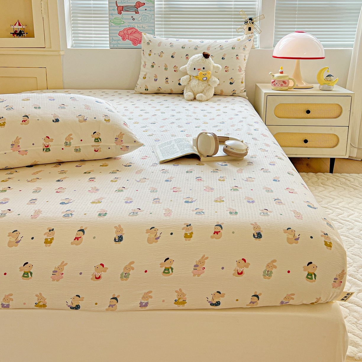 91家纺网 家纺一手货源 找家纺 Mata蔓塔家 2025新款双层纱印花系列单床笠床笠单件 兔子集合