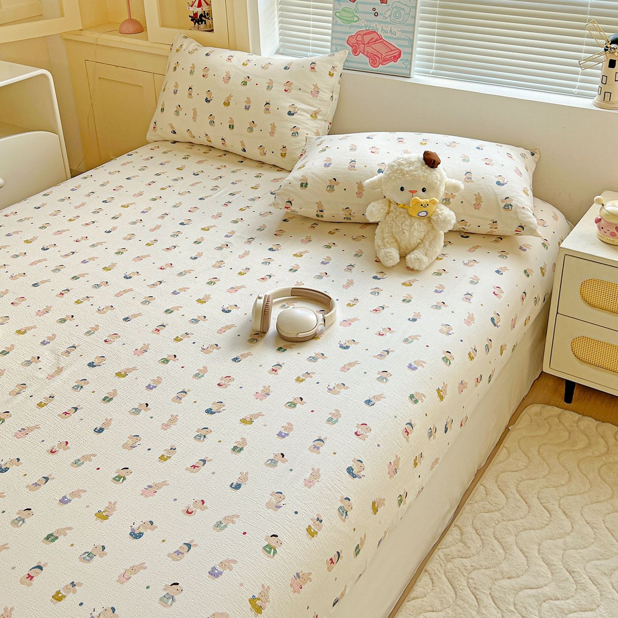 91家纺网 家纺一手货源 找家纺 Mata蔓塔家 2025新款双层纱印花系列单床笠床笠单件 兔子集合