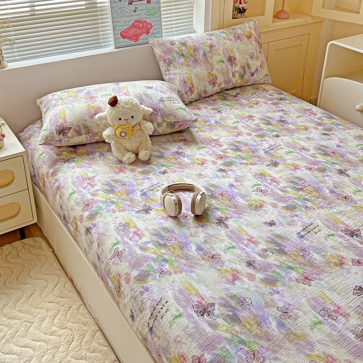 91家纺网 家纺一手货源 找家纺 Mata蔓塔家 2025新款双层纱印花系列单床笠床笠单件 油彩蝴蝶