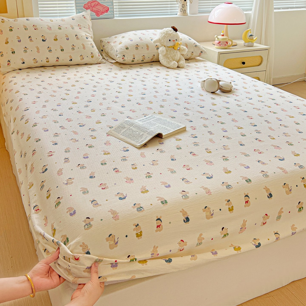 91家纺网 家纺一手货源 找家纺 Mata蔓塔家 2025新款双层纱印花系列单床笠床笠单件 兔子集合