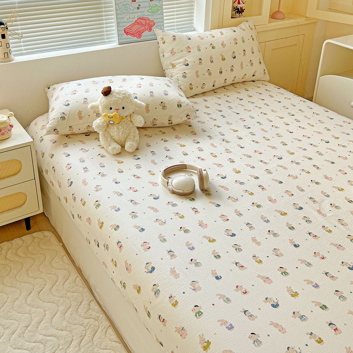 91家纺网 家纺一手货源 找家纺 Mata蔓塔家 2025新款双层纱印花系列单床笠床笠单件 兔子集合